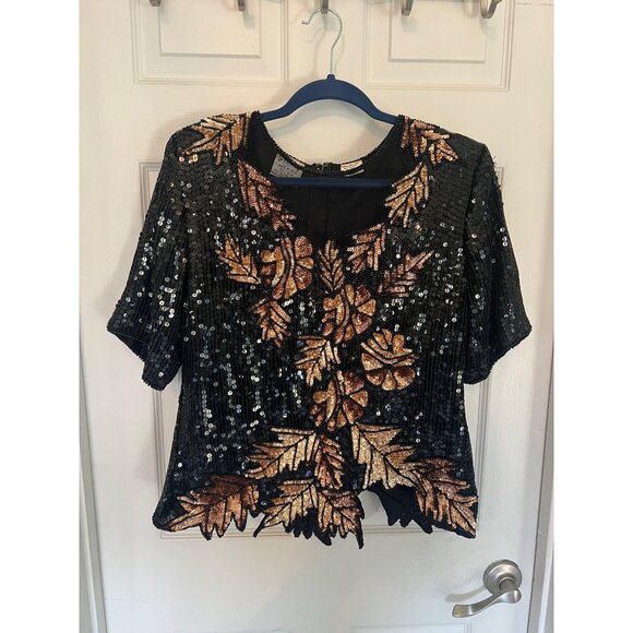 Vintage 80's Stenay Short Sleeve Sequin Floral 100% Silk Formal Blouse Size XL - Picture 5 of 9